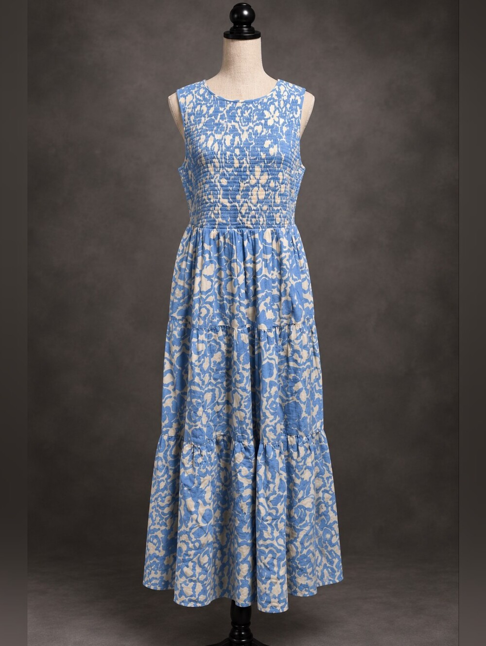 Nobody’s Child US 14 Organic Cotton Blue Floral Smocked Maxi Dress